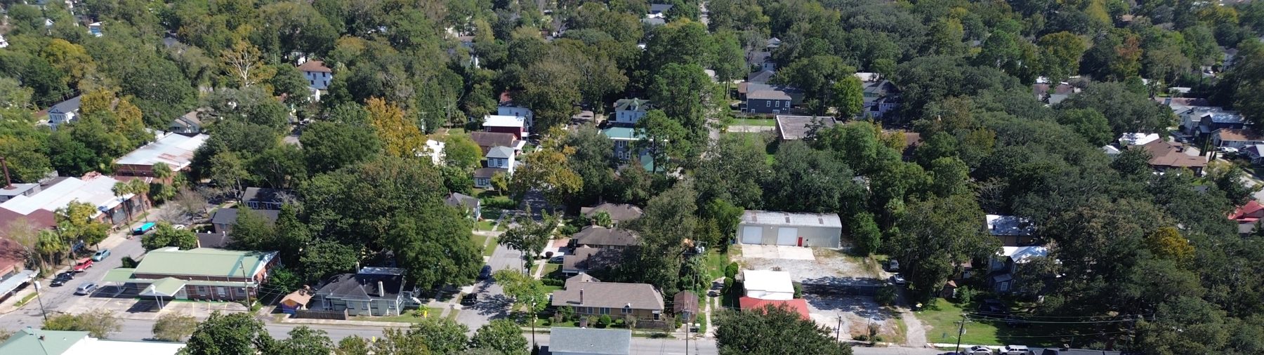 Aerial view of the tree-lined neighborhood surrounding Property B